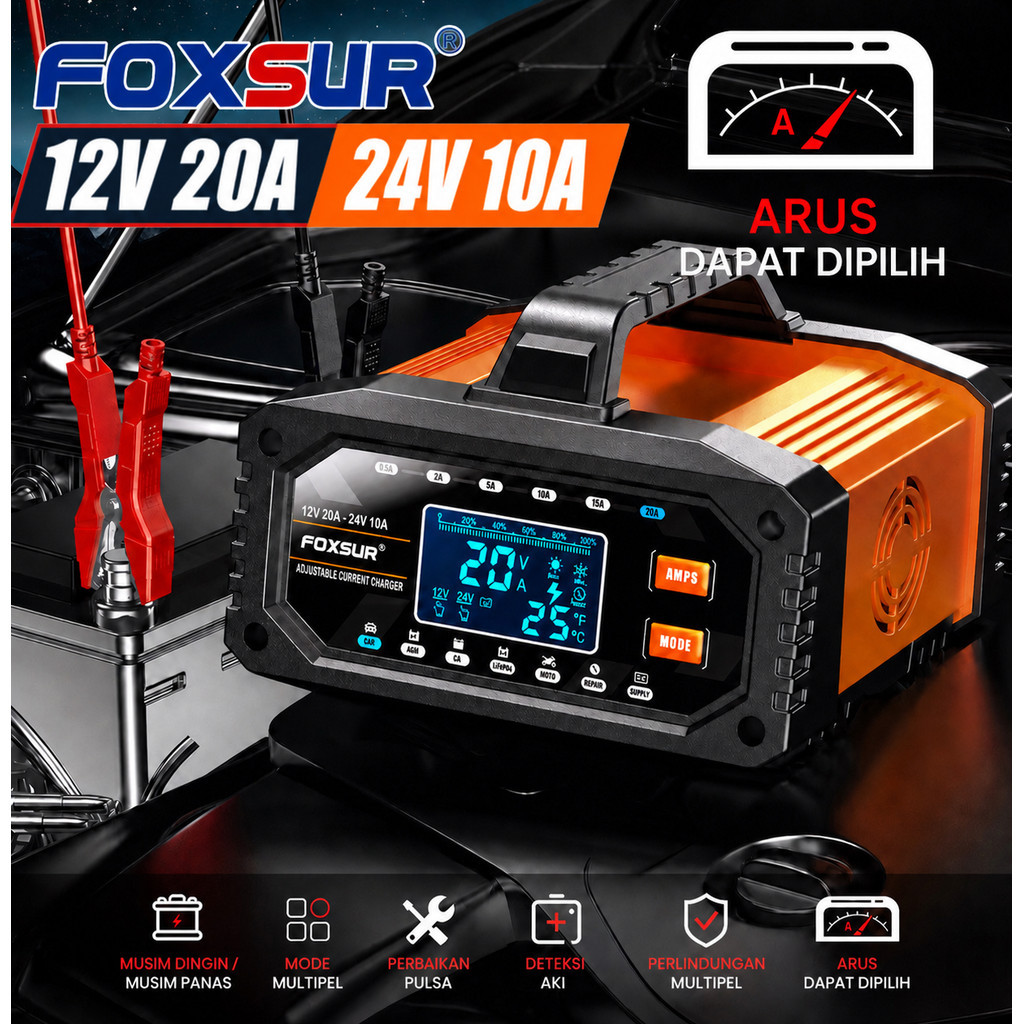 FOXSUR 20A Smart Charger Aki Mobil Motor Truk 12V 20A - 24V 10A - 10 Stage Pengisian Multifungsi