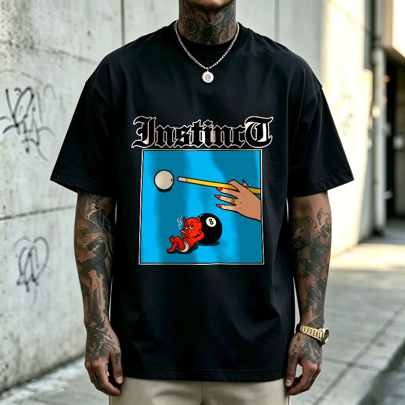 Kaos Vintage Oversize Unisex Motif Devil Billiard 8 Ball Dan Cue Biru Retro, T-Shirt Pria Wanita Ame