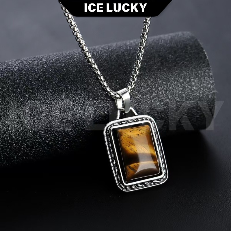 1317 Kalung Titanium Pria - Anti Karat & Tidak Pudar, Dengan Liontin Batu Akik Alami - Aksesori Pria