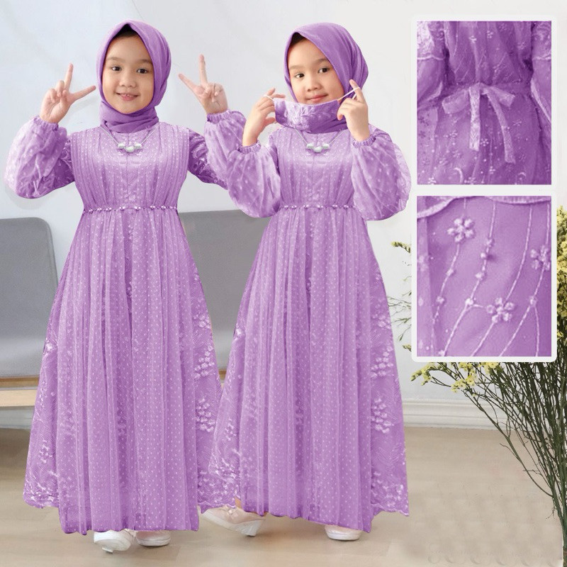 [Padu Dress] Gamis Anak Perempuan 3–16 Tahun – Fashion Muslim Warna Lilac Cocok untuk Lebaran & Pest