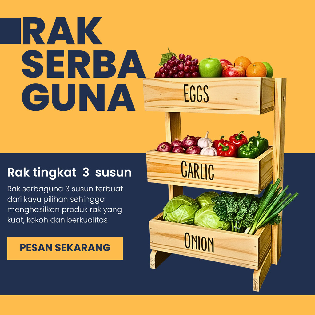 Rak Bawang Kayu 3 Susun / Rak Bumbu Serbaguna