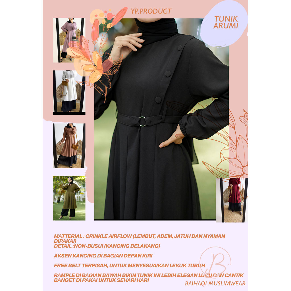 Tunik Arumi Baju Tunik Hitam Polos Kancing Pinggir Tunik Santri Baju Tunik AIRFLOW CRINCKLE Tunik Wa