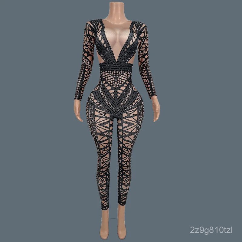 Sparkly Rhinestones Spandex Jumpsuit Sexy Stretchy Nightclub Singer Outfit Dancer Performance Costum