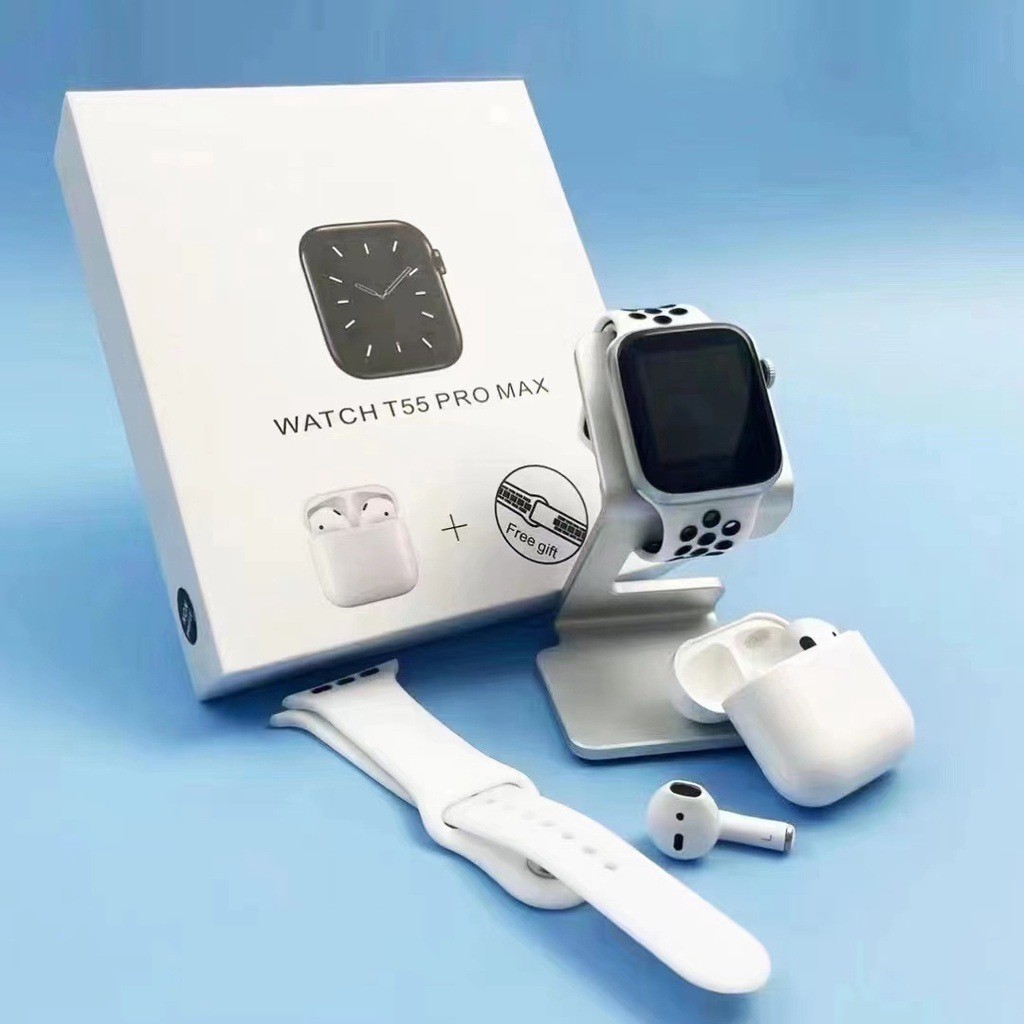 Smart watch T55 PRO MAX SmartwatchJam Tangan Olahraga Pria Wanita free 2 Tali dan Airpods COD Jam Ta
