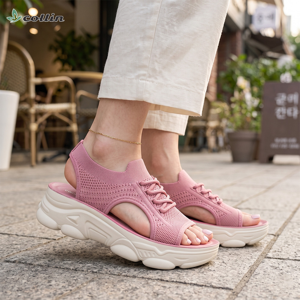 COLLIN Wanita Rajut Sepatu Sandal Wanita Rajut Slip On Wedges Tebal Super Empuk