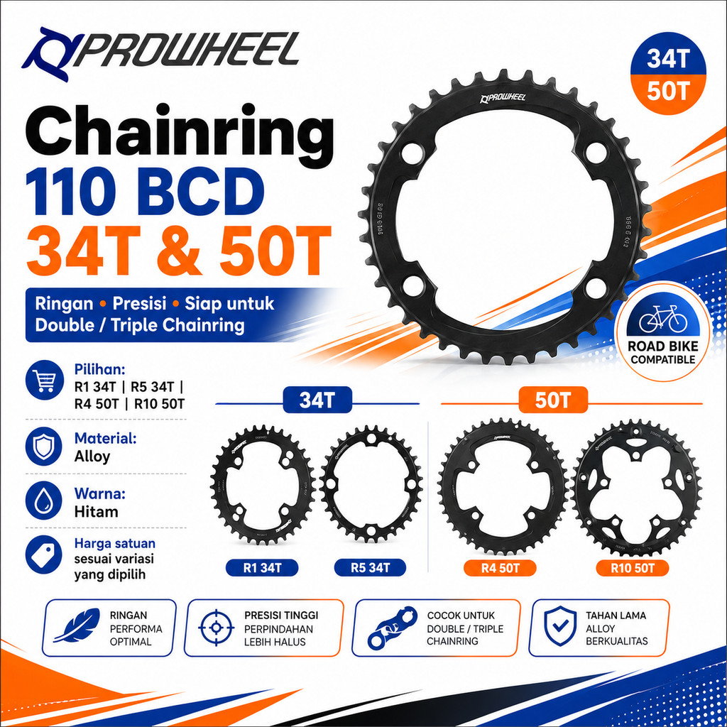 Prowheel Chainring Double Triple 110 50T Non BCD 34T Narrow Wide Chain ring 110BCD Alloy