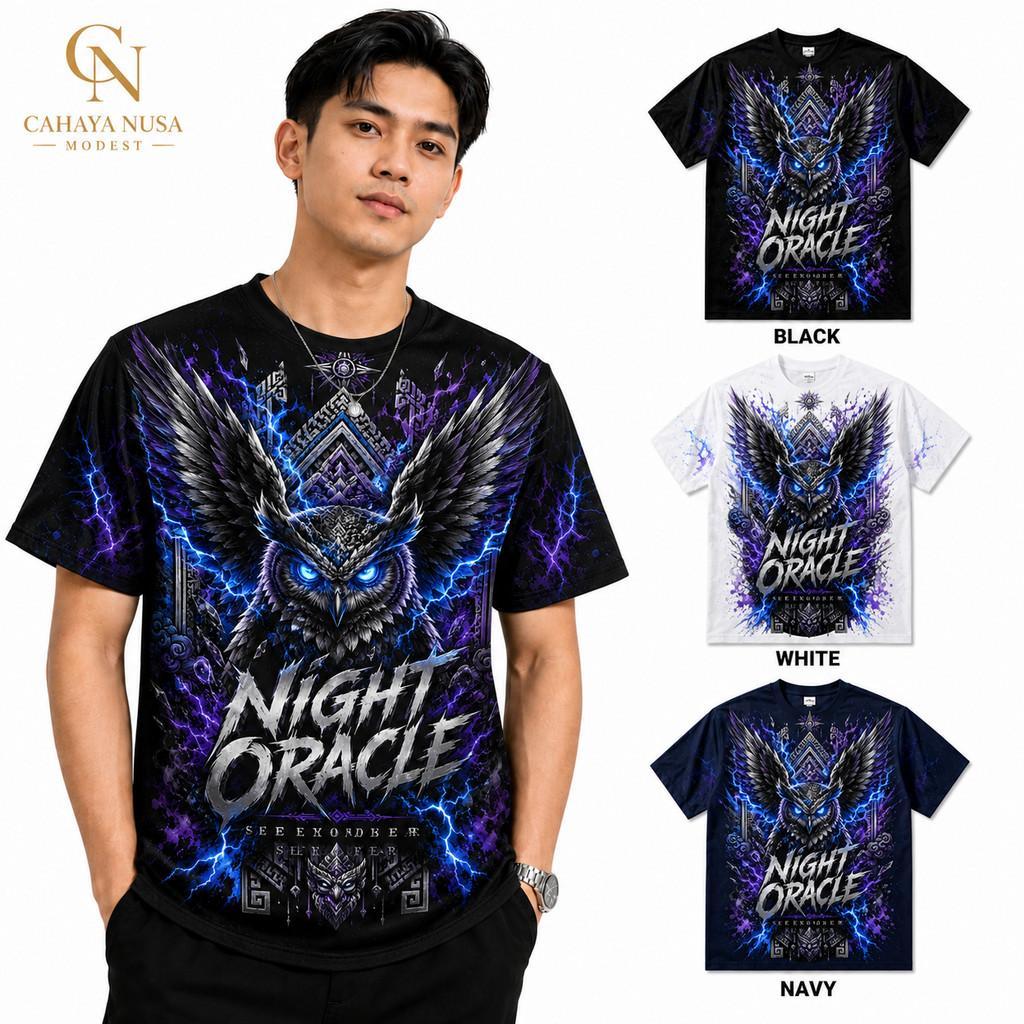 Kaos Distro Pria Oversize Motif Burung Hantu Night Oracle 3D Premium Kaos Oblong Unisex Lengan Pende