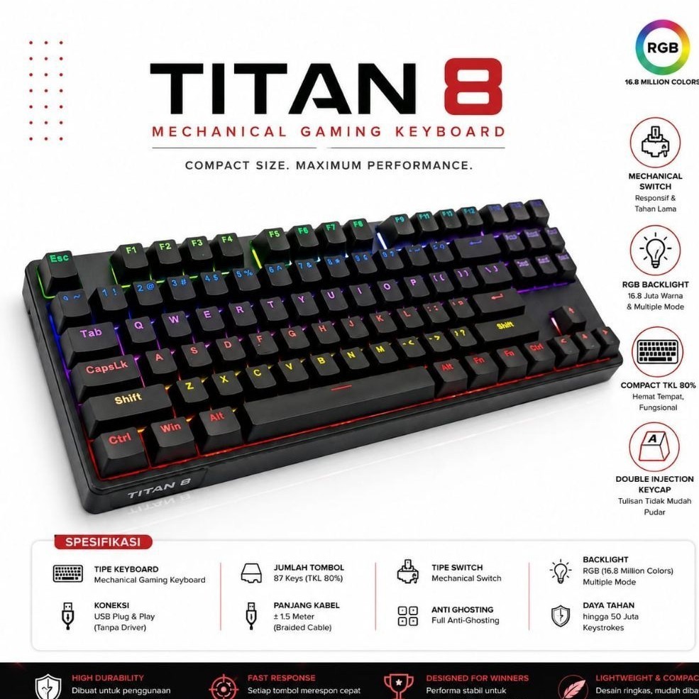 Gamen Titan 8 Mechanical Keyboard 104/87 Key Hot-Swappable RGB Switch PBT Keycaps Wired USB Gaming Keyboard Hitam