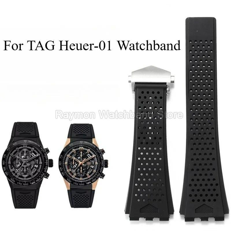 Fog Clasp Black Silicone Watband 22x28mm Dense Honeycomb Ventilation Holes for TAG Heuer‑01 CARRERA 