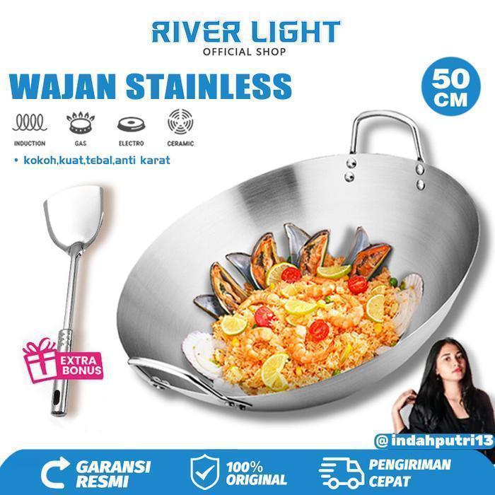 AA [ EXCLUSIVE indah putri ] - RIVER LIGHT Wajan Stainless Tebal Ukuran 50CM KUALITAS PREMIUM GRATIS