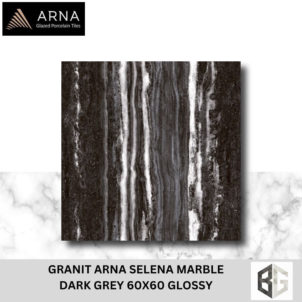 Granit Lantai Arna Selena Marmer Marbel 60x60 Glossy Dark Grey Motif Marmer