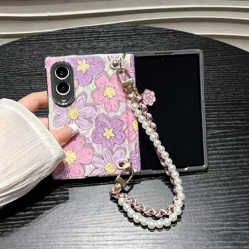 Lukisan Minyak Segar Lucu Bunga Mawar Hitam Kotak Magnetik dengan Rantai Mutiara Kulit untuk Samsung