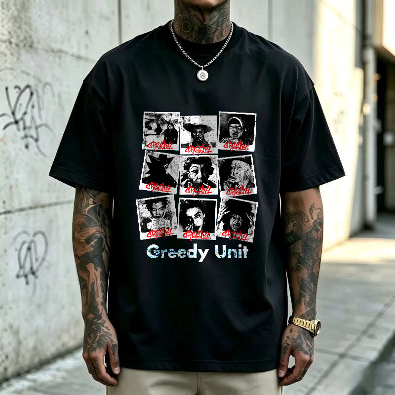 Kaos Oversize Greedy Unit Dengan Desain Kolase Wajah Monokrom Dan Grafiti Merah, T-Shirt Unisex Gaya
