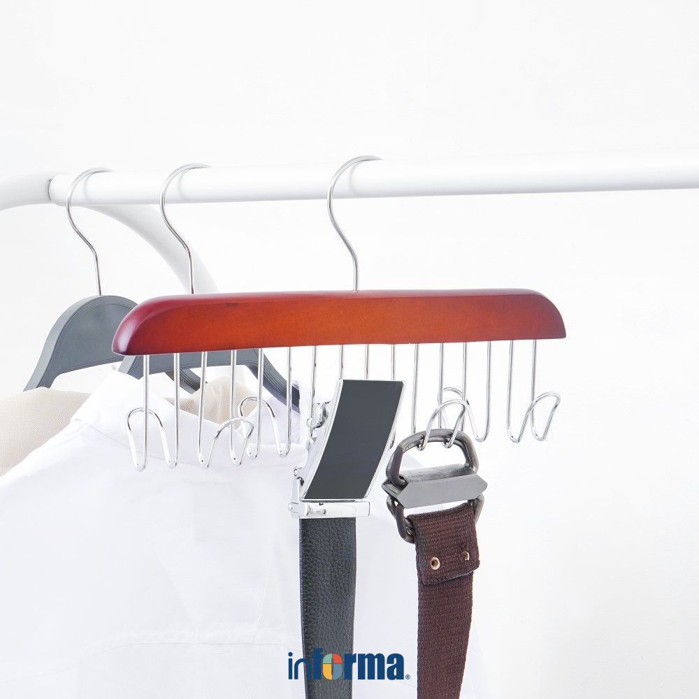 Informa Hanger Belt Kayu Dengan 8 Hooks Gantungan Ikat Pinggang Belt Rack Organizer Lemari Wardrobe 