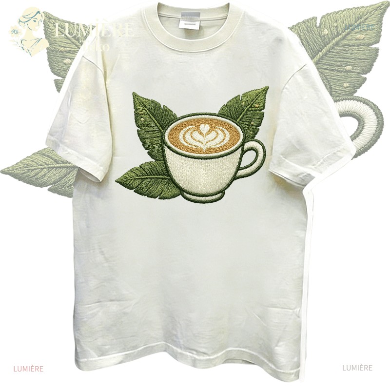 Kaos Oversize Wanita Motif Cangkir Kopi Latte Art Cotton Combed Lengan Pendek Krem