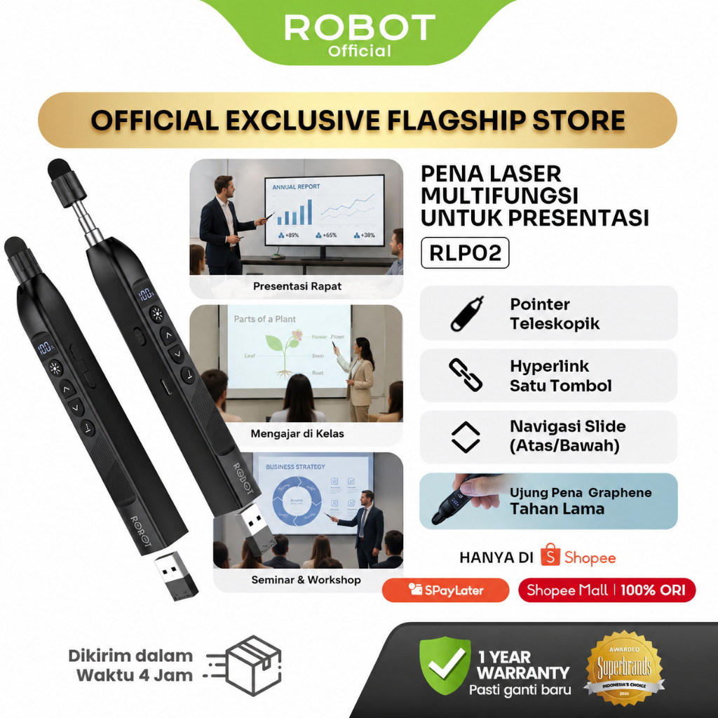 ROBOT RLP02 Pena Laser Presentasi Wireless 100 Meter Remote Pointer USB Type-C Hyperlink Volume Cont