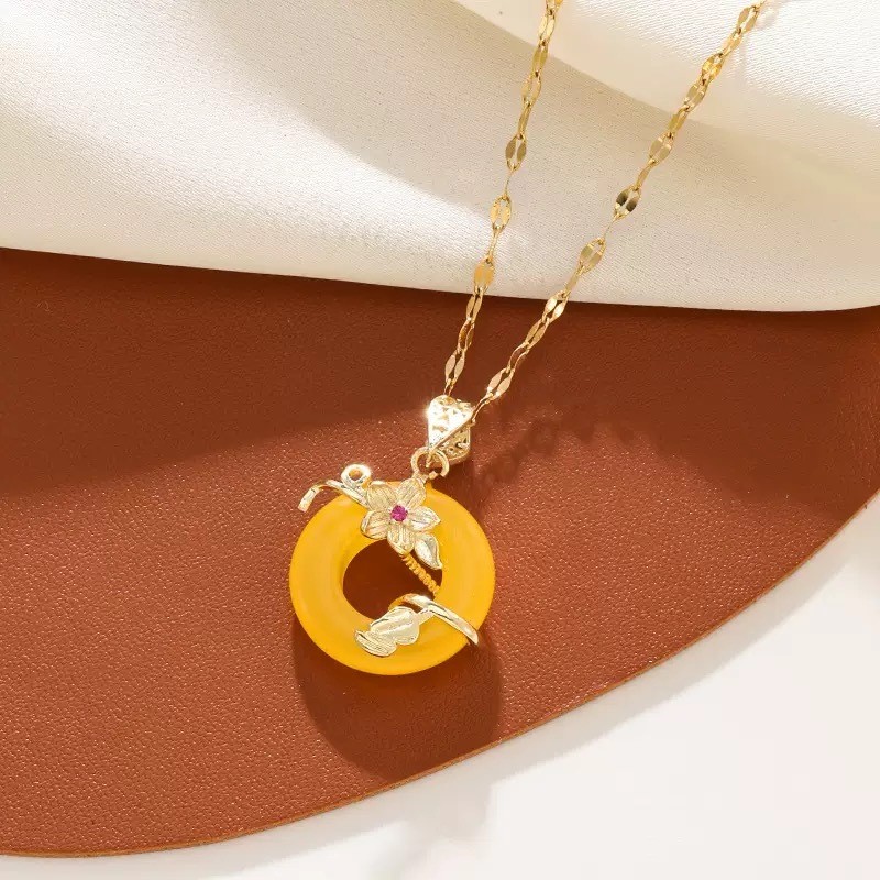 [JOJO Jewelry]Kalung Giok Kuning Emas Wanita Anti Karat, Perhiasan Stylish