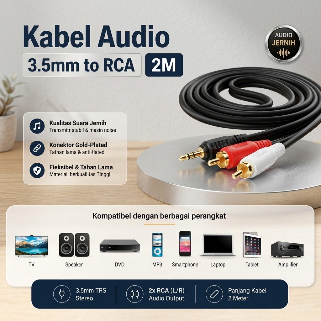 Kabel Audio Jack 3.5mm ke 2 RCA Male Speaker Aux HP ke TV Kabel Audio Jack 1 ke 2 Colokan RCA Amplif