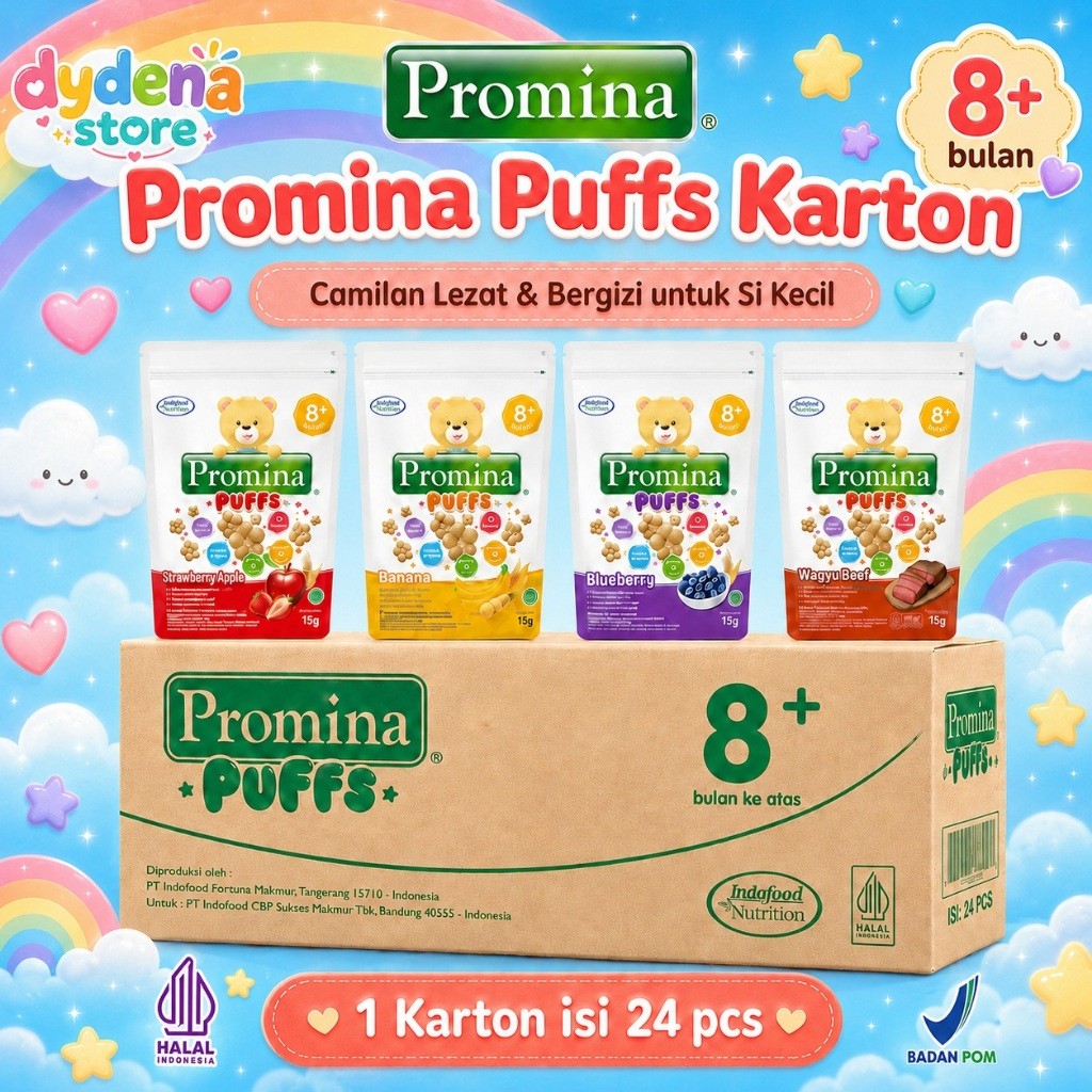 ANGGRAEINI Promina Puffs 1 Dus Karton isi 24 PCS 8+ bulan Banana Wagyu Blueberry Strawberry Apple Gr
