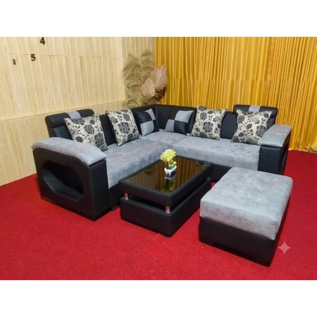 Sofa L sudut Angsa Puff + Meja Kaca