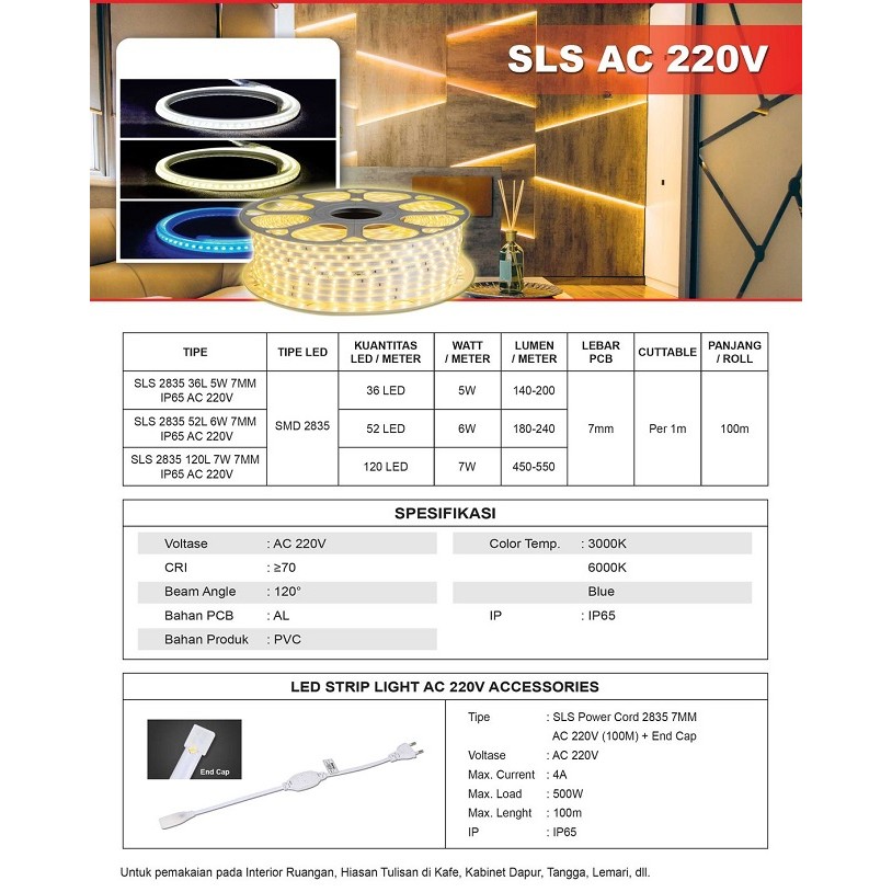 LAMPU LED STRIP SURYA 2835 120LED 6000k WHITE | Lampu Selang LED Strip Surya 2835 Putih Permeter