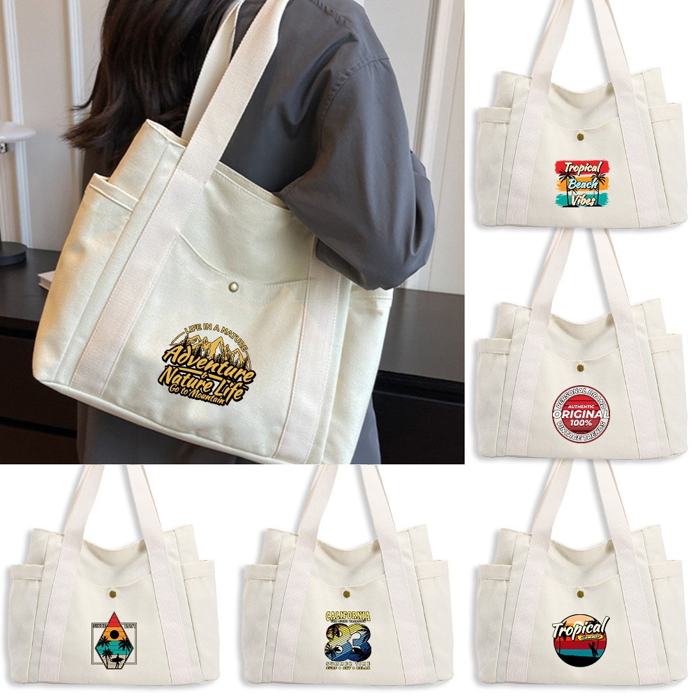 Tas ritsleting kanvas  Multi Pocket Handbag Canvas Tote Bag Canvas Shoulder Bag Canvas Zipper Handba