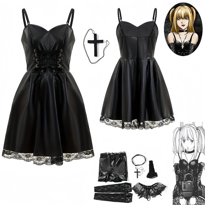 Misa Amane Cosplay Costume Women's Japanese Anime with Lace Trim Gothic Style Costume Imitation Leat