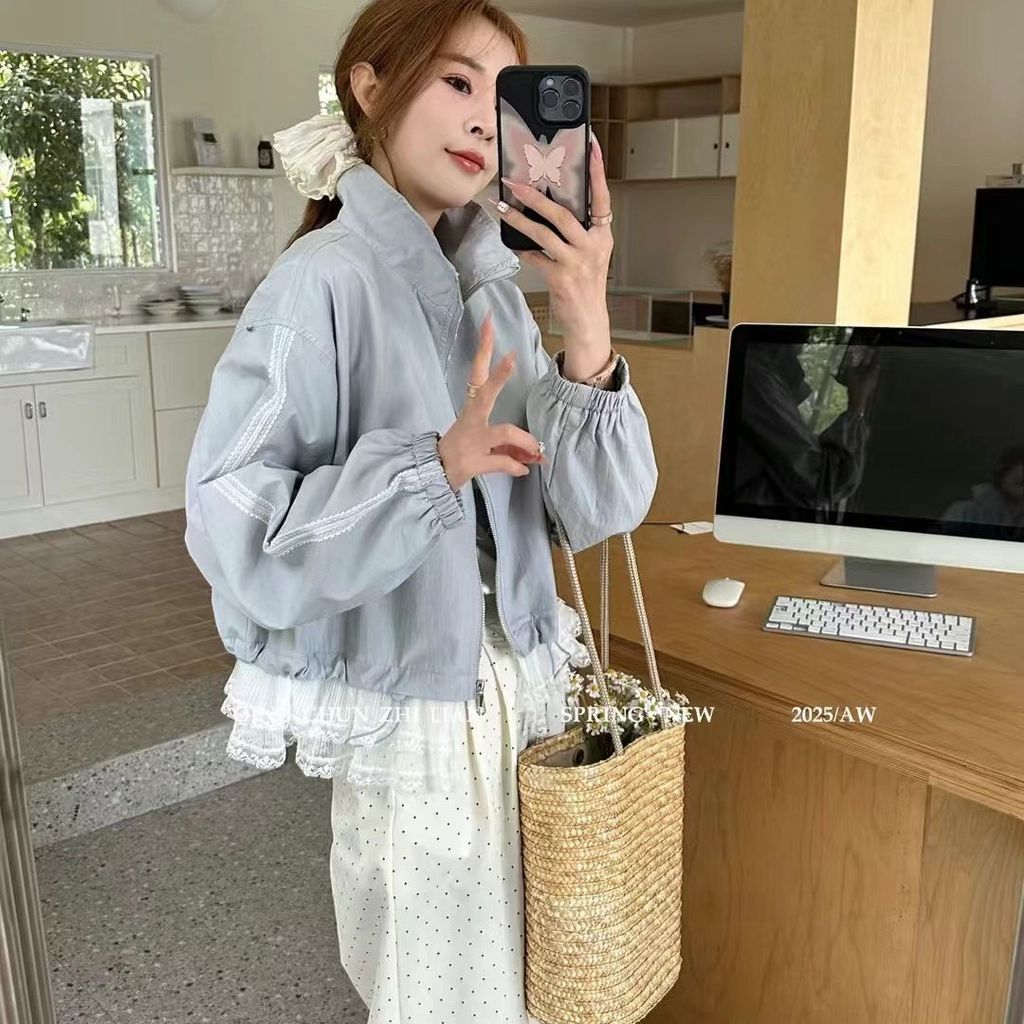 Jacket renda-splicing vest, jaket wanita, blouse longgar, jaket renda-splicing vest