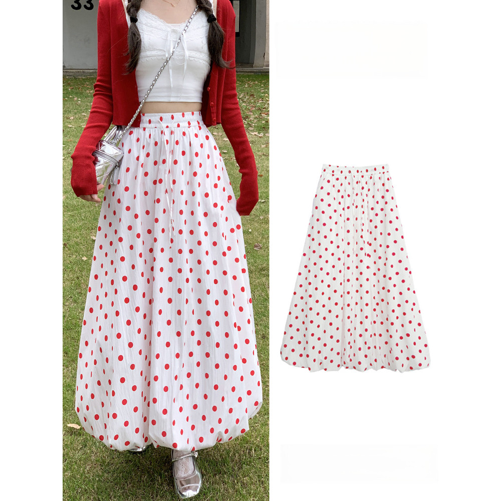 Rok Kuncup Polkadot Merah Rok Longgar Musim Panas Wanita