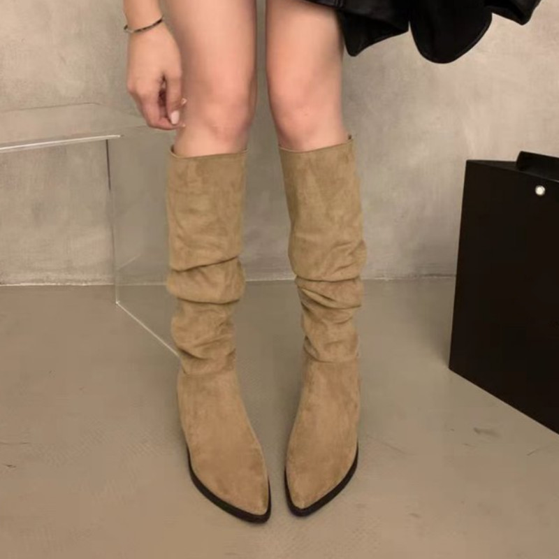 Retro pleated suede Long boots for women. 2025 winter fashion chunky stiletto sexy boots. Large size