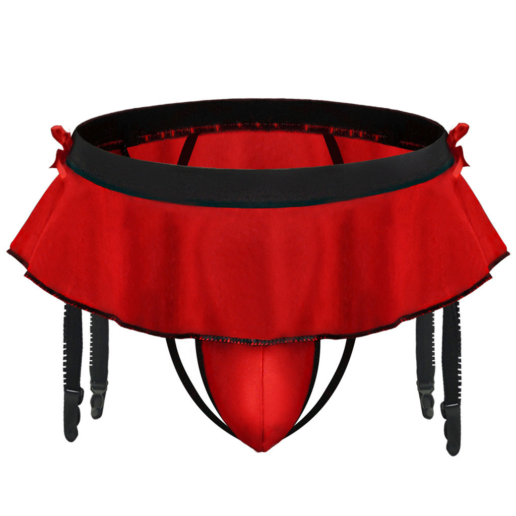 Pakaian dalam seksi pria, celana dalam, garter, stoking, dan thong.