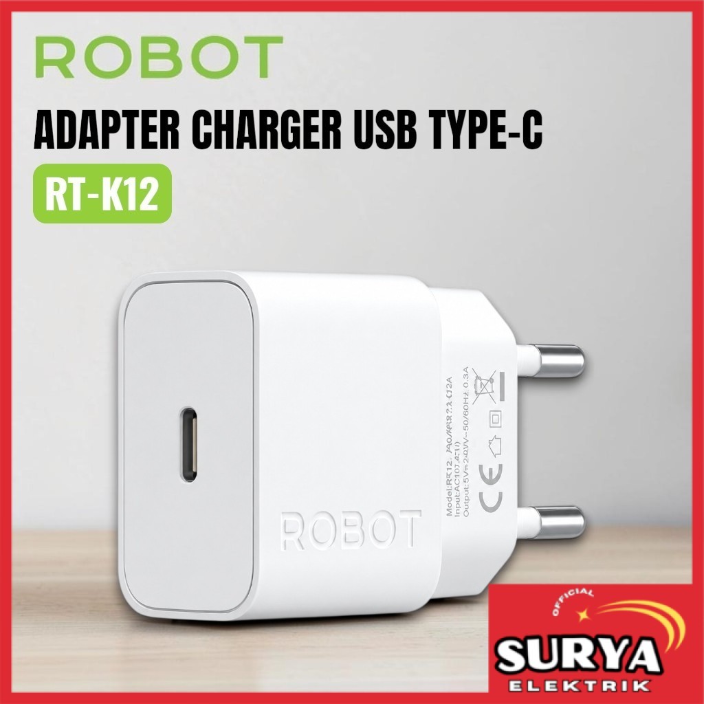 Kepala Charger ROBOT RT-K12 HP Handphone 5V 2.4A Travel Adapter USB Type-C Single Port Universal