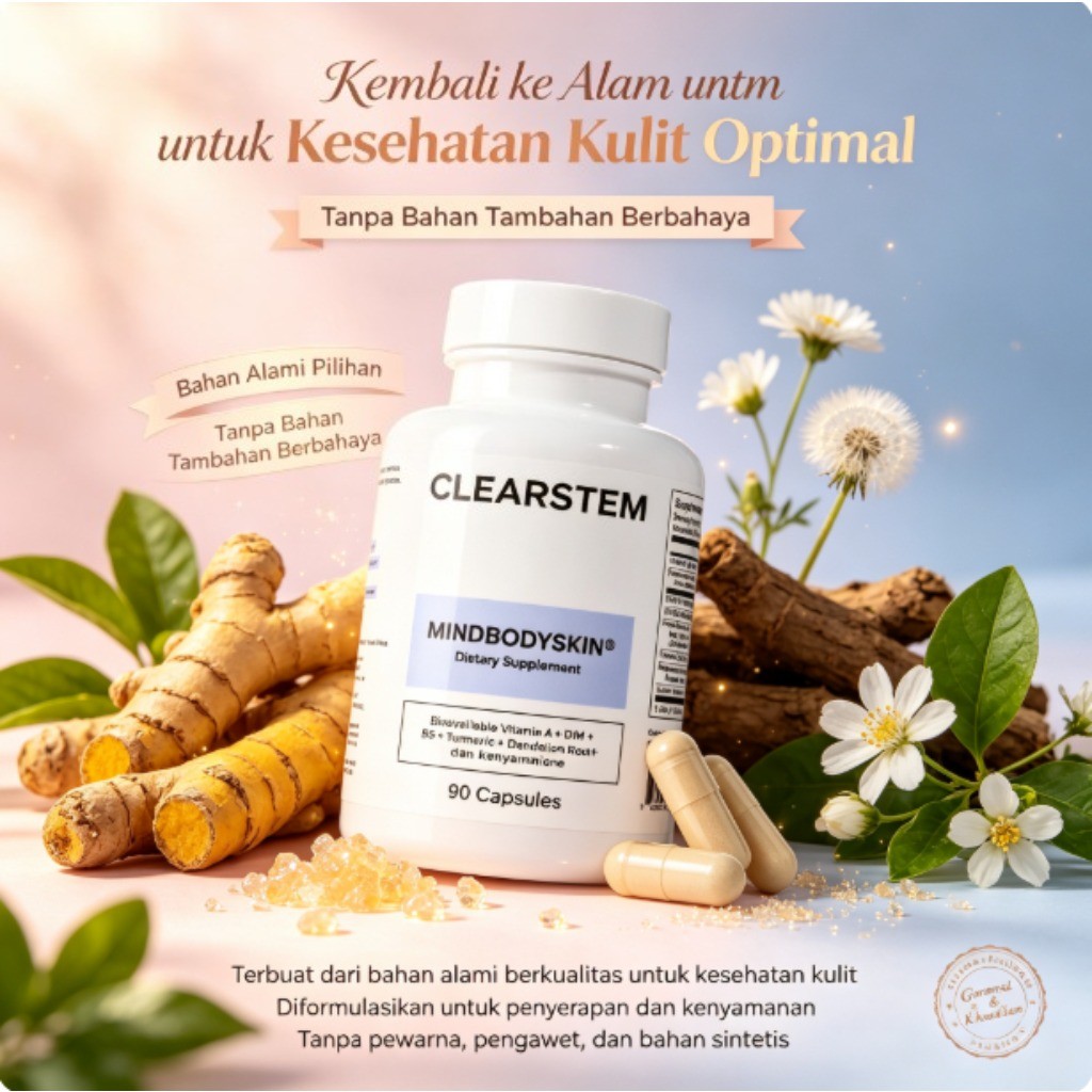 CLEARSTEM MINDBODYSKIN Suplemen Harian untuk Mengatasi Jerawat Hormon Akar, Mengandung Vitamin A Bio