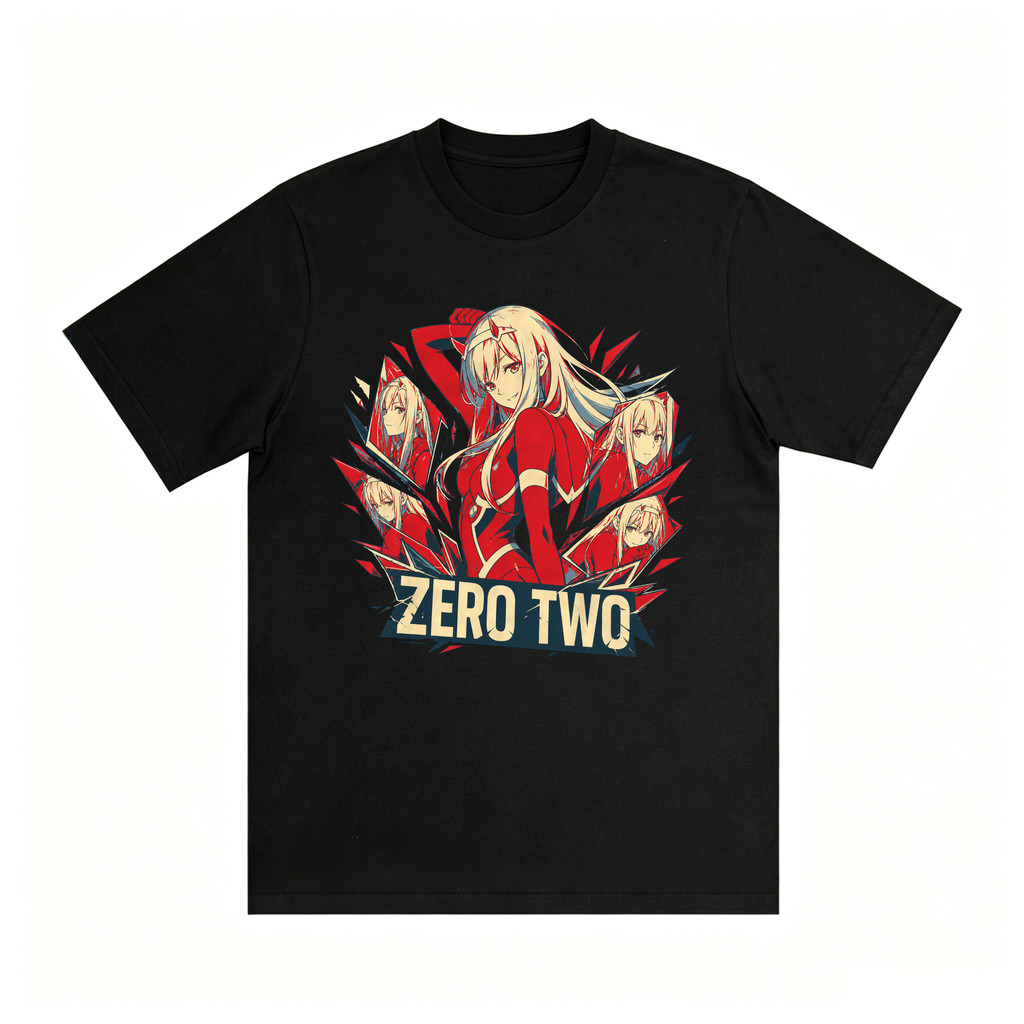 Kaos Oversize Unisex Anime Wanita Rambut Pirang Kostum Merah Tulisan Zero Two