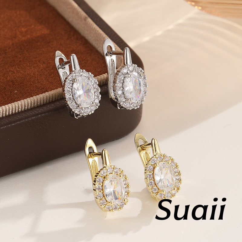 [Suaii] Anting kait warna emas bentuk oval tertanam batu zircon aksesoris telinga F767