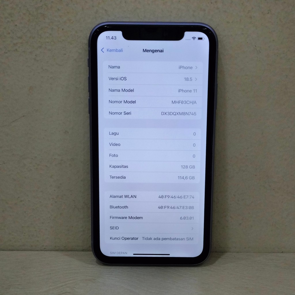 (N745-7) IPHONE 11 RAM 128GB (INTER) CH/A, BATANGAN NO CHARGER "264522"