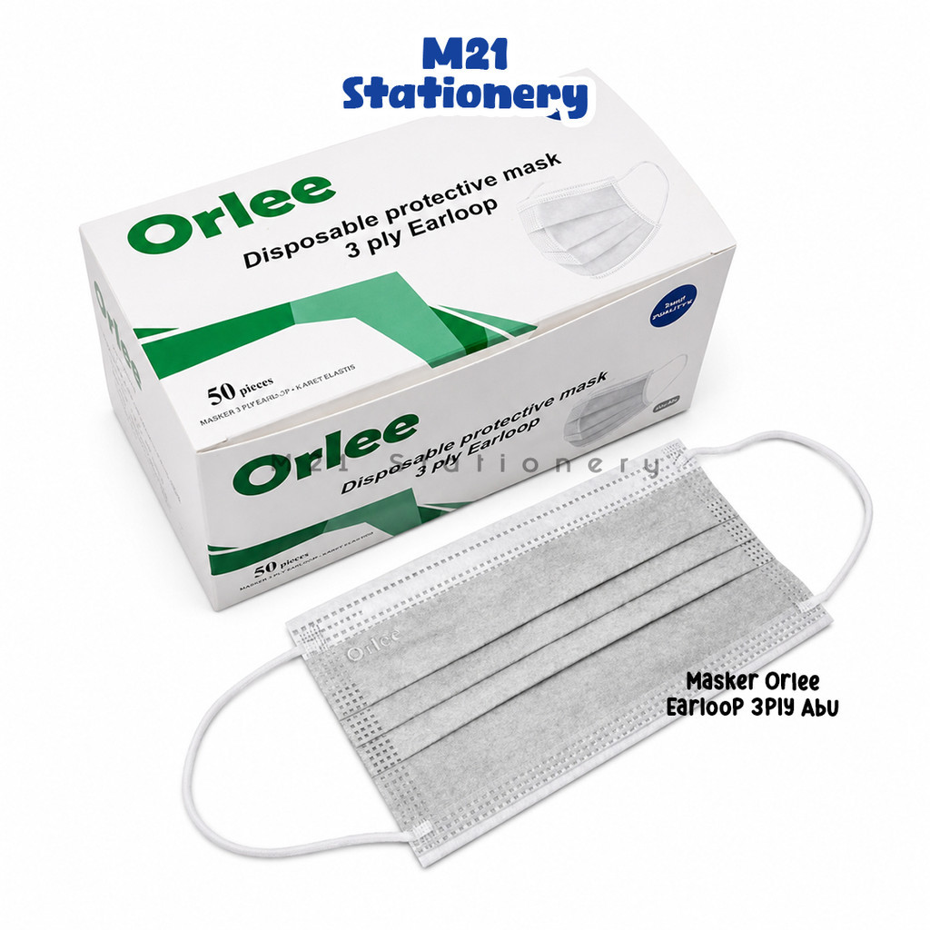 (1 BOX) MASKER ORLEE EARLOOP 3PLY / ORI TALI KUPING CANTOL TELINGA FACE MASK MEDIS PUTIH HITAM BIRU 