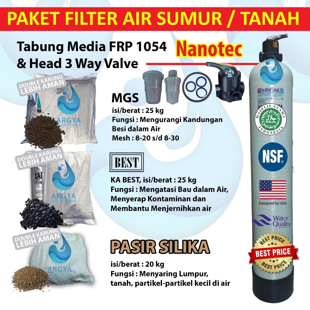 Paket Filter Air Tanah atau Sumur 1 Tabung Media FRP Nanotec 1054 + Head 3 Way Valve + PS + KA + MGS