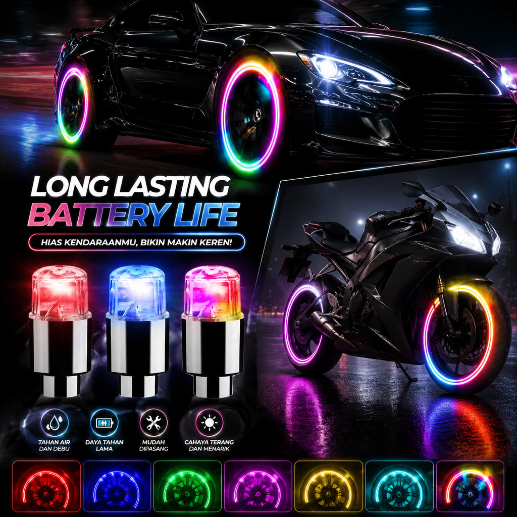2PCS Lampu Tutup Pentil Ban LED RGB Sensor Getar Waterproof Nyala Otomatis Aksesoris Velg Mobil Moto