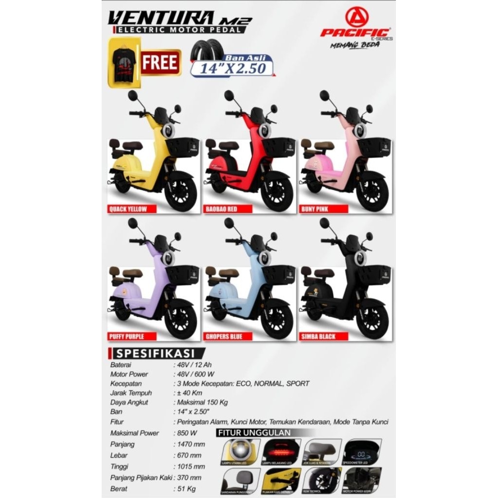 NV Sepeda Listrik Pacific Ventura R1, Ventura M2, Ventura M3, Ventura M4 Terbaru Termurah Original B