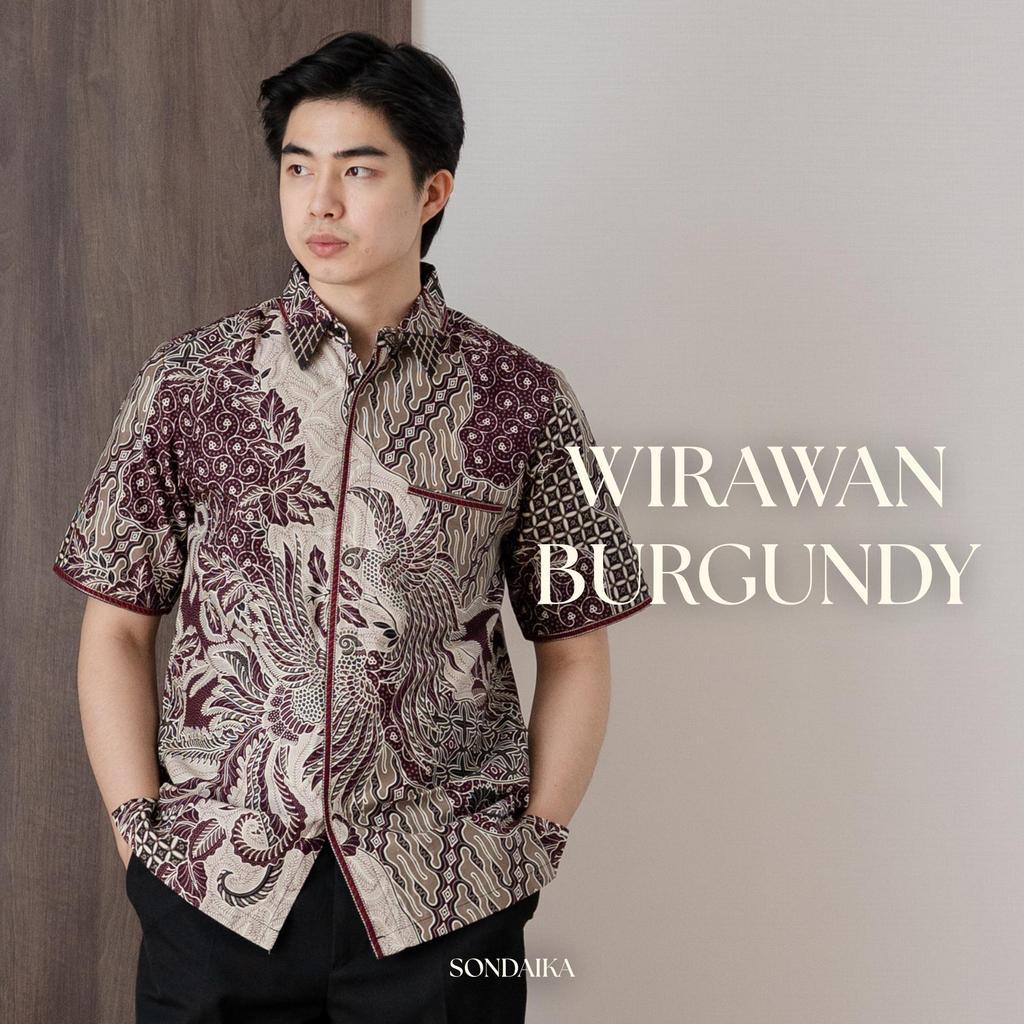 Sondaika Batik - Wirawan Burgundy - Kemeja Batik Katun Smock Bordir Pria Slimfit Lengan Pendek Premi