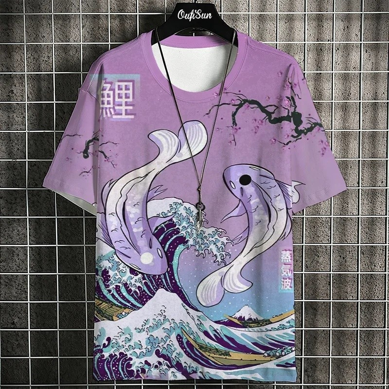 Kaos pria bermotif Ukiyo-E, menampilkan desain hewan dan ikan Jepang, lengan pendek, atasan kasual, 