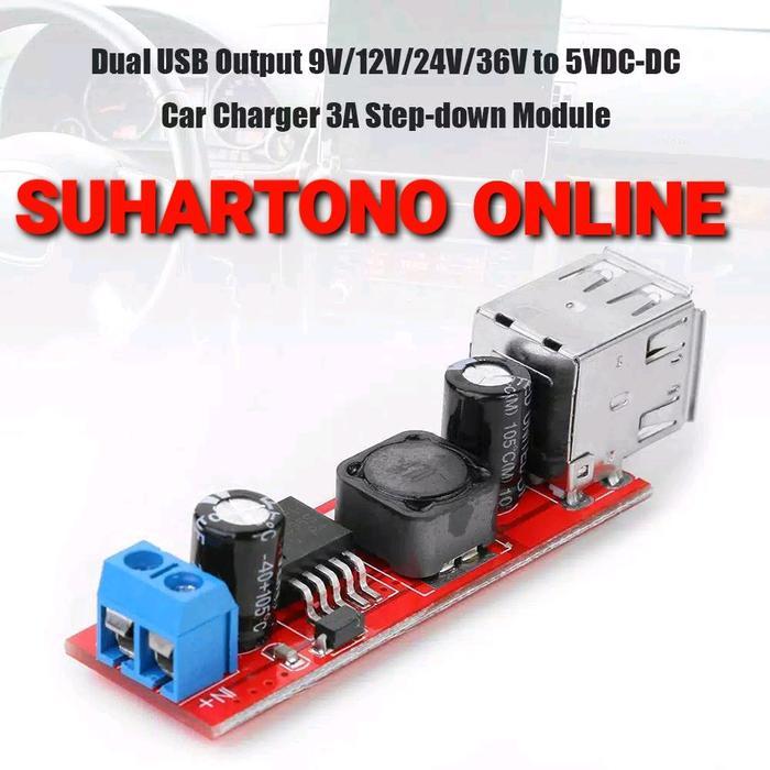 STEP DOWN 2 USB LM2596 DC 9V/12V/24V/36V Ke 5V 3A Double Merah