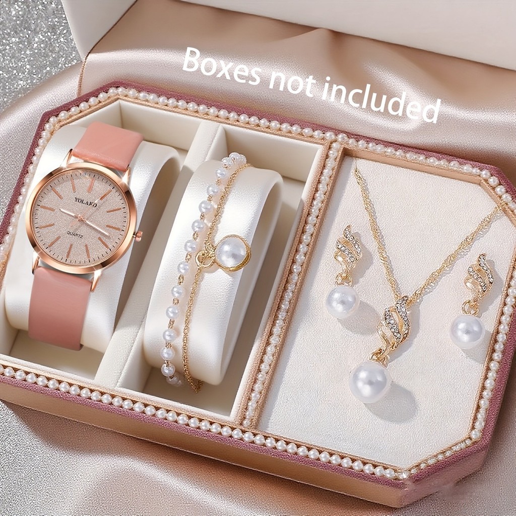 5PCS Jam Tangan Kuarsa Wanita Berkilau Dial Besar Tali Kulit PU Jam Tangan Perhiasan Gratis - Tanpa 