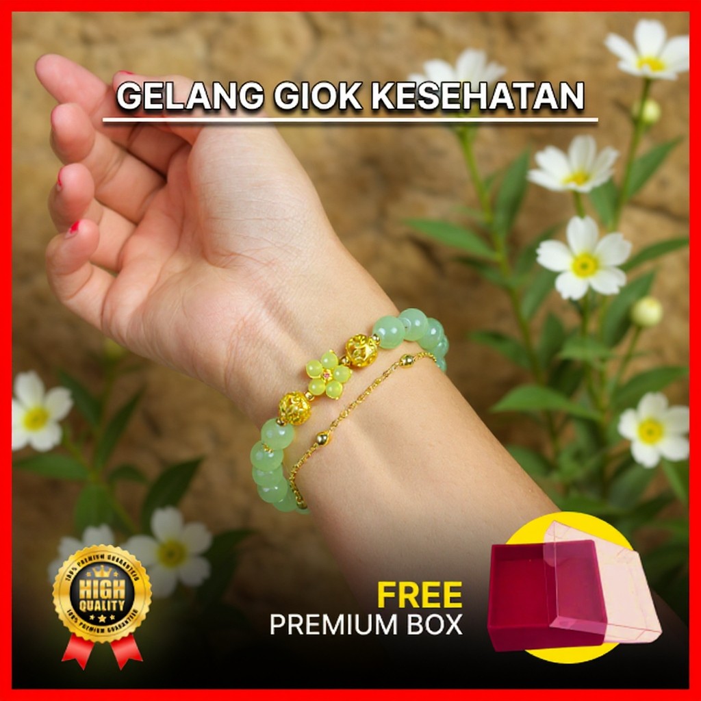 Gelang Giok Bunga Rantai Emas, Batu Alam Giok Hijau Motif Bunga, Gelang Wanita, Rantai Berlapis Emas
