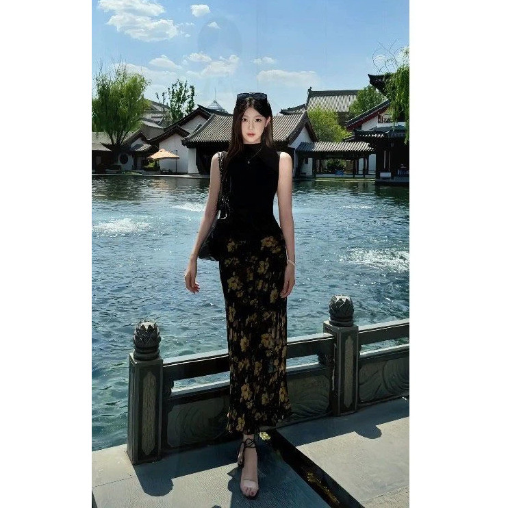 ChubChic COD Rok Pinggul Bunga Hitam Rok Tulle Setengah Panjang Baru Semua Cocok Retro