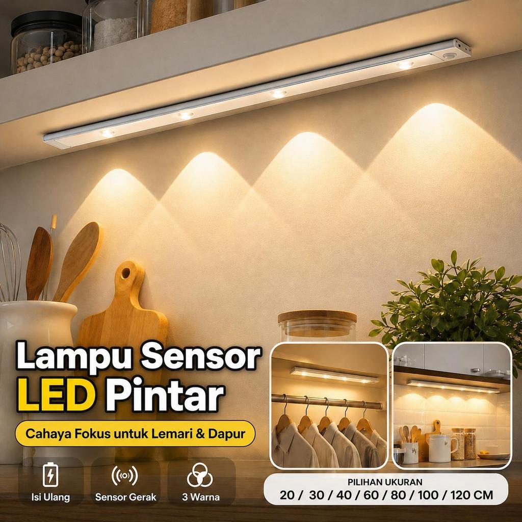 Lampu LED Strip Kabinet Sensor Gerak Magnet Dimmable Tricolor Tanpa Lem Hemat Daya Dapur