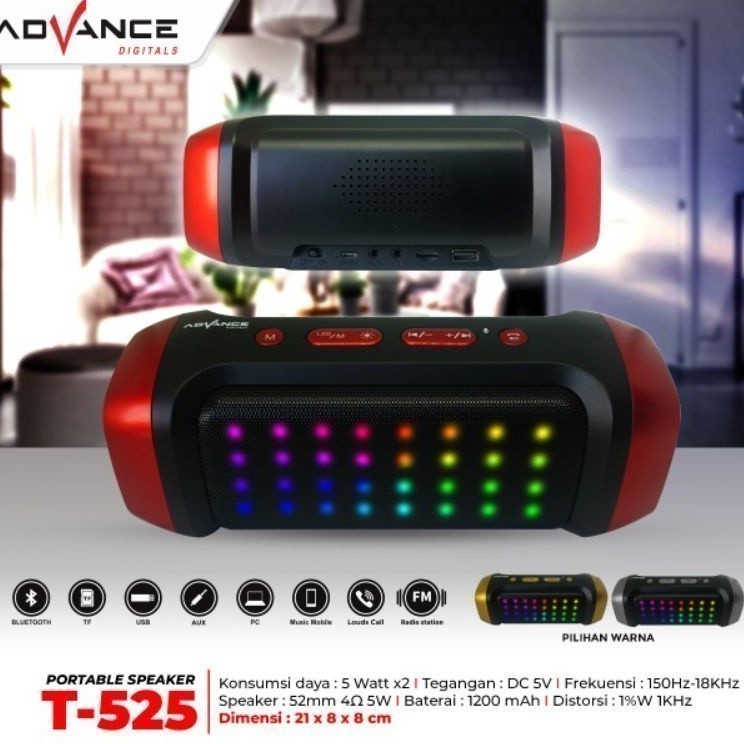 Speaker Bluetooth Advance Music Box T525 RGB LED/Speaker advance T525/Speaker wirelles advance