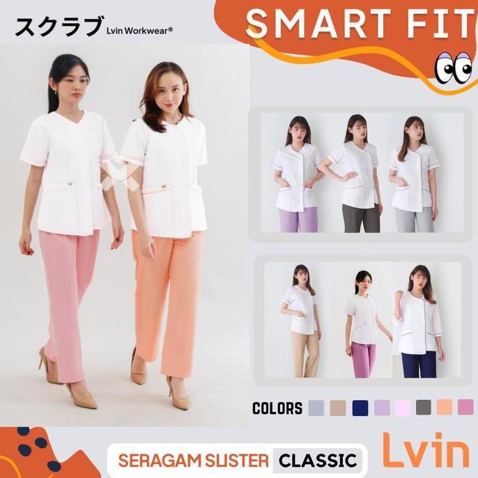 Baju Seragam Suster Lvin New Classic Putih  / Seragam Suster Lengan Pendek  / Seragam Klinik Oka / S