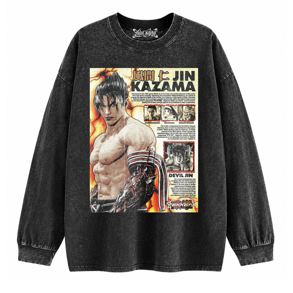 ZADA NAJAH Kaos Oversize Longsleeve Stone Black Washed Tekken Jin Kazama Vintage Graphic Tee Unisex 